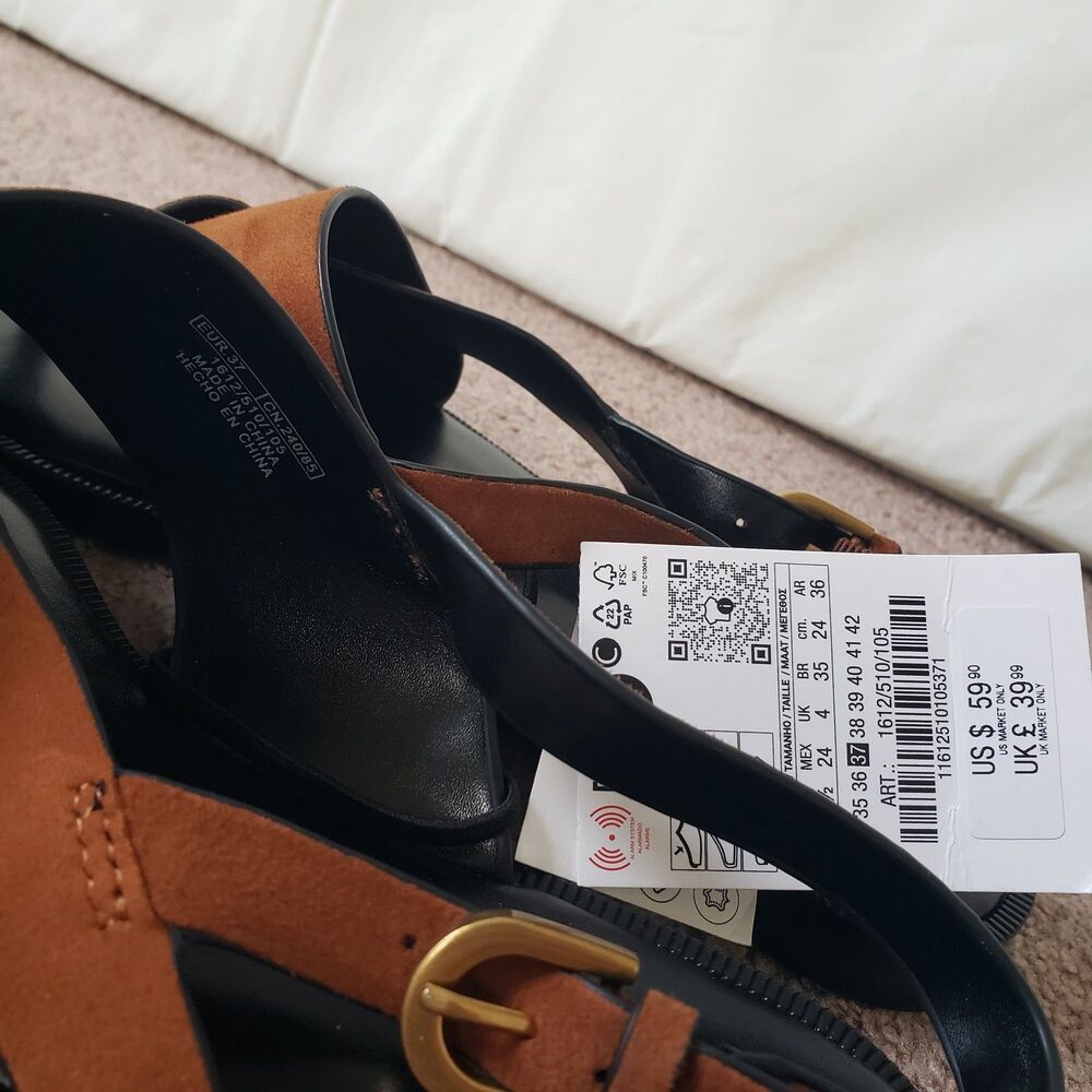 Zara Nwt Suede Leather Slide Strappy Sandals Toe Loop Metal Buckle Sz 6.5 Brown - Picture 6 of 13
